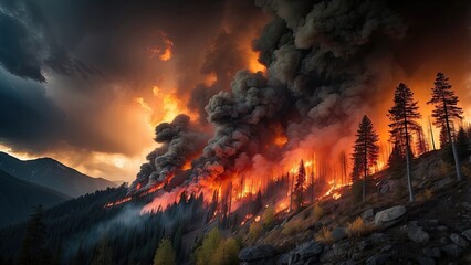 A massive wildfire engulfs a dense forest on a mountainside