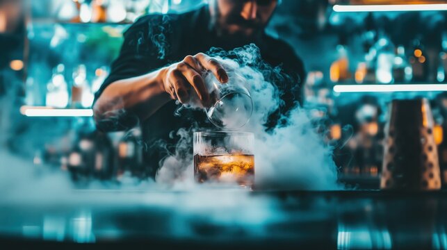 A close-up of a bartender lifting a glass dome, releasing a swirl of aromatic smoke over a whiskey-based cocktail.