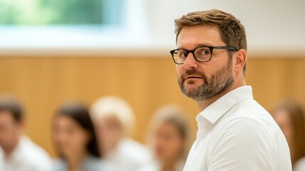 Obraz premium Professional man looking back with focus in a contemporary conference setting