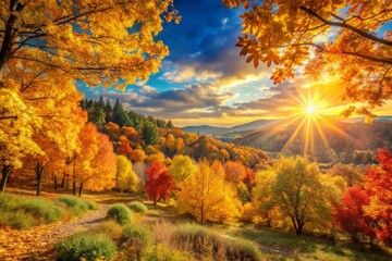 Obraz premium Autumn Landscape with Vibrant Foliage and Sunlight
