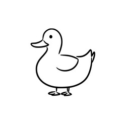 Simple cartoon duck line drawing, Minimalist black and white cartoon illustration of a smiling duck, perfect for children’s books, educational materials, or animal themes.

