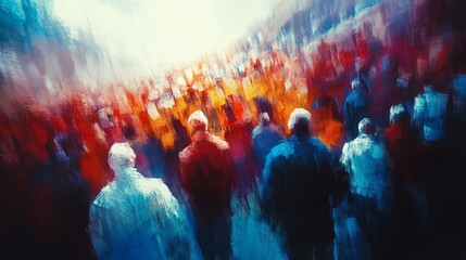 Crowd of people walking city street, blurred motion, urban background, stock photo