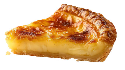  A single, inviting slice of golden custard tart, freshly baked and radiating warmth, beckons with its delicious aroma and delightful texture.