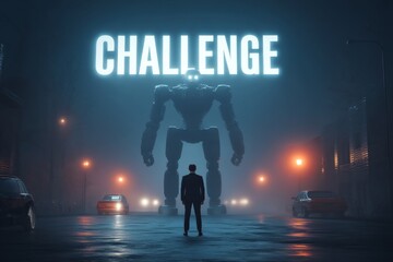 Fototapeta premium A businessman on a street looking up facing a giant robot with text 