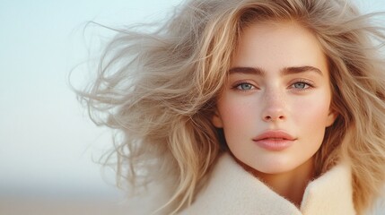 Fototapeta premium Blonde woman winter coat, soft breeze effect, pastel color tones, relaxed outdoor editorial, minimal makeup, serene and confident female portrait