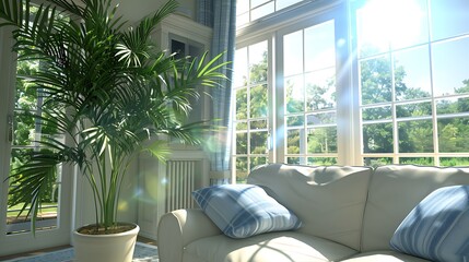 A bright interior living room with palm tree and sunshine