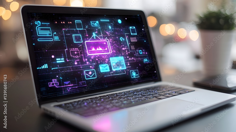 Wall mural a modern laptop displays a futuristic digital network interface with glowing icons and data streams 