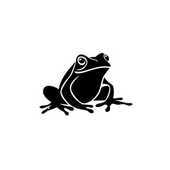 Minimalist frog vector illustration, Black and white vector illustration of a stylized frog in a sitting position, ideal for nature, wildlife, or logo design themes.

