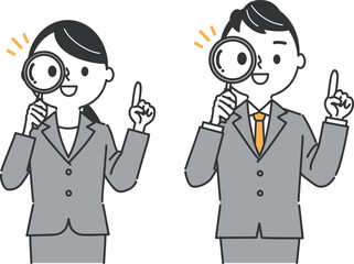 虫眼鏡　指差し　ビジネスパーソン　上半身　ベクター
