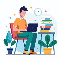 a boy is using his laptop vector