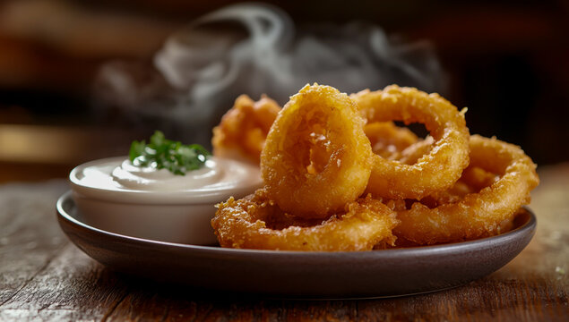 A plate of golden, crunchy onion rings sits on a rustic oak table, steam rising from the warm, delicious insides, bathed in the soft light of the restaurant.