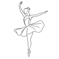 Elegant ballerina line art drawing, Minimalist line art illustration of a ballerina dancing gracefully in a tutu, perfect for dance and performing arts themes.

