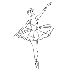 Elegant ballerina line art drawing, Minimalist line art illustration of a ballerina dancing gracefully in a tutu, perfect for dance and performing arts themes.

