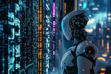 A robot stands in front of glowing data streams, surrounded by digital code and a futuristic cityscape