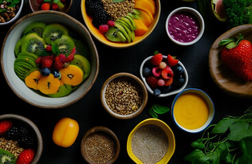 Healthy food flat lay with organic vegetables, grains, and smoothie bowl, colorful, top view 
