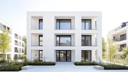 Modern white apartment building with recessed windows and a courtyard