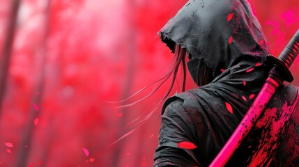 Futuristic samurai warrior wielding an energy blade in a neon forest