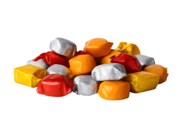 Pile of Colorful Wrapped Candy Pieces on a White or Transparent Background