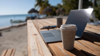 Obraz premium Enjoying morning coffee by the beach laptop setup relaxing tropical environment remote work lifestyle