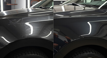 Before and after the car fender job, cleaning and applying smooth polishing and ceramic coating 