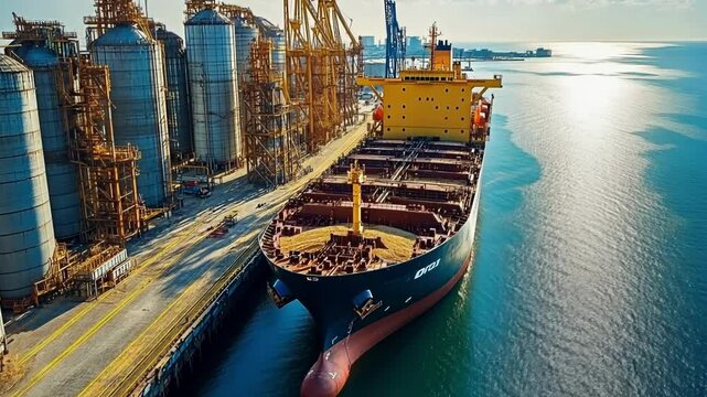 Large cargo ship docks at industrial port with towering silos under clear sky