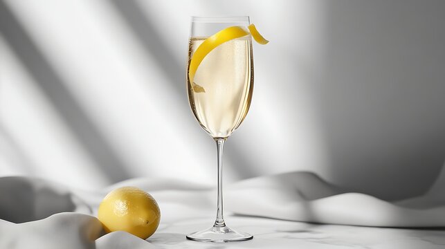 french 75 cocktail in champagne glass with lemon twist garnish on white background ideal for cocktail parties happy hour and refreshing summer beverages
