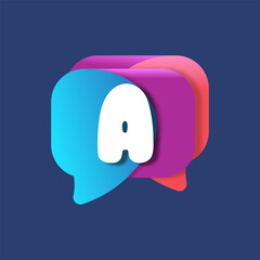 Letter A chat app logo at colorful watercolor splash background. Color multiply style. Bubble speech vector typeface for labels, headlines, posters, cards etc.