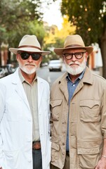 Two Senior Men in Outdoor Attire with Sunglasses and Hats in Urban Setting