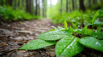 Macro shot of fresh dew on green leaves along a winding forest trail, soft focus on natural details