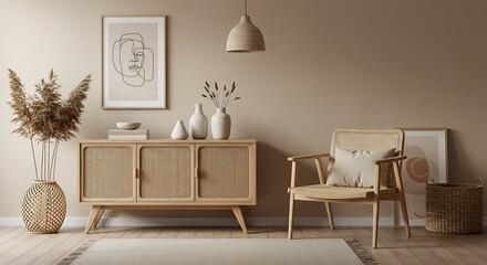 Serene coastal living room featuring a woven rattan sideboard and armchair, complemented by minimalist line art and dried pampas grass, bathed in warm, natural light.