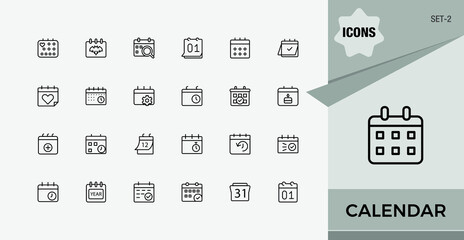 Calendar icon set. Related to organize, deadline, event, day, plan, organizer and more. Minimal thin line icons pack. Editable vector art and illustration. Set-2