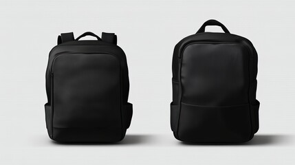 Naklejka premium Two black backpacks displayed side by side against a light gray background in a studio setting