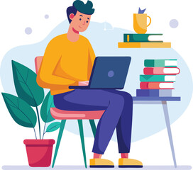 a boy is using his laptop vector