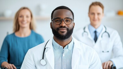 Caring doctor supporting patient in wheelchair with medical team in background