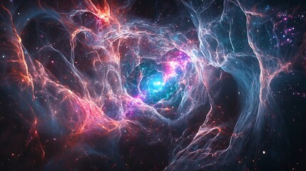 Fototapeta premium Distant galaxies stretch into glowing ribbons as gravity bends their light, revealing the invisible presence of a massive object in space.