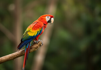 Obraz premium Vivid Scarlet Macaw Perched on a Branch in a Tropical Forest Setting