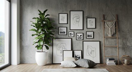 A serene minimalist living space featuring a lush fiddle leaf fig in a white pot, complemented by a gallery wall of line art portraits and landscape photos, all bathed in soft natural light.