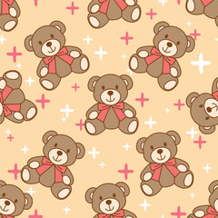 Seamless pattern cartoon of brown teddy bear with a red bow. It is a kawaii character cartoon. Pattern design for wrapping paper, wallpaper and fashion prints.