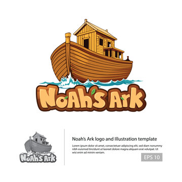 Noah's Ark logo template with a illustration of a wooden ship and with a childish style typography.