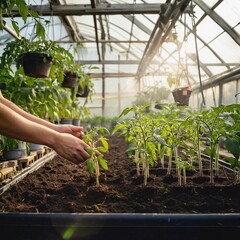 In a greenhouse with rows of young plants in black pots standing in pallets, a man holds a pot with a seedling. Hanging flower pots are visible on the background.,