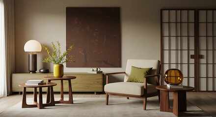 Serene sanctuary: a minimalist living room bathed in soft, warm light, featuring a comfortable armchair, elegant side tables, and a striking abstract painting.