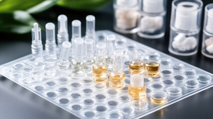 Testing pad with multiple skincare drops labeled and ingredient sheet