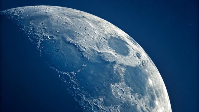 "Imagem astron&ocirc;mica detalhada da lua em sua fase crescente contra um fundo azul profundo, com texturas lunares realistas e brilho natural. Estilo cient&iacute;fico e limpo, com precis&atilde;o visual, ideal para us