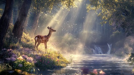 Forest fawn by stream, sunbeams, flowers