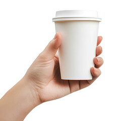 Hand holding white coffee cup isolated on transparent background.