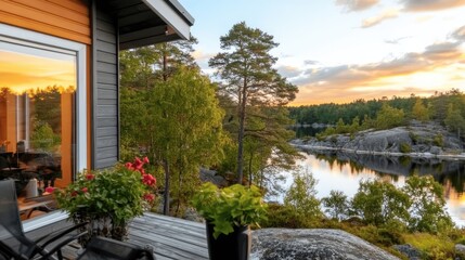 Idyllic Lakeside Cabin Retreat at Sunset with Tranquil Scandinavian Nature