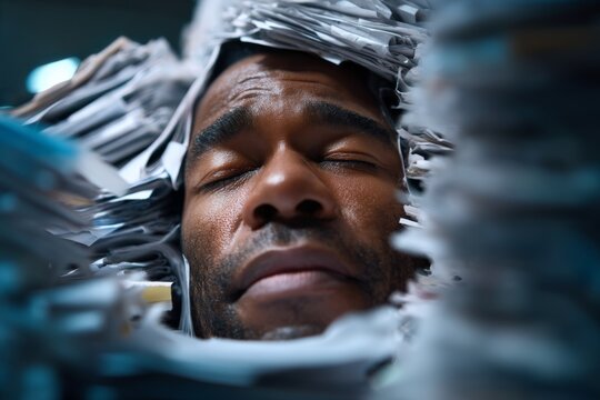 Close up of the face of a suffocating male employee trying to catch a breath from the sea of documents that flooding him