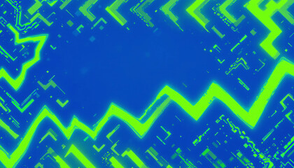 Electric blue background with neon green zigzag patterns and sharp-edged geometric shapes &mdash; energetic and modern