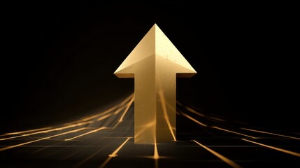 Fototapeta premium Golden Arrow Pointing Upwards on Black Grid Showing Growth Concept
