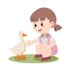 A cute little girl crouched down on a patch of grass, reaching out to a friendly white duck. Vector illustration.